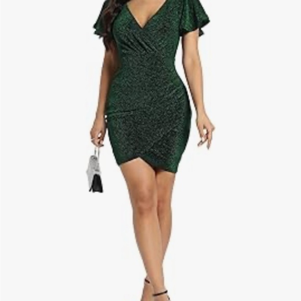 FZZOR Women's Sparkly Glitter Ruched Bodycon Sequin Ruffle Sleeve Mini Wrap M